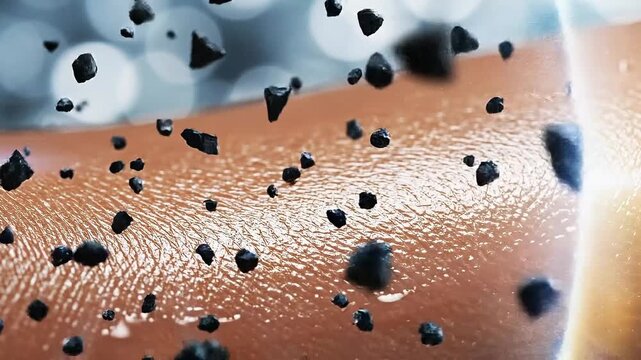 Exfoliation and exfoliating particles gently remove dead skin cells from smooth, hydrated skin, illustrating hydration, protection, barrier repair, and skincare benefits with water droplets