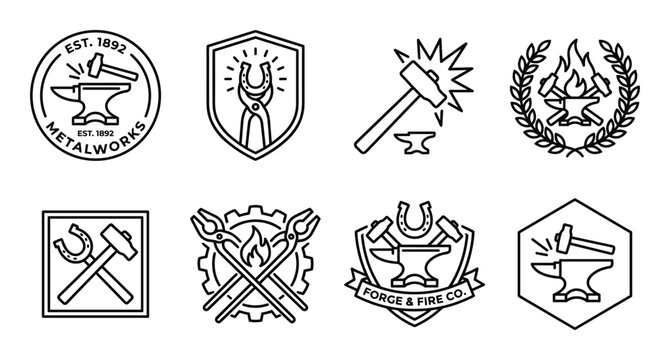 Metalworks anvil and hammer vintage metalworking tools badge line art design.