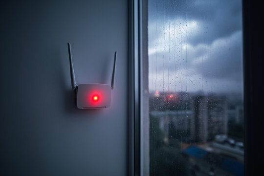 Wi-Fi extender mounted on a wall displays a glowing red light during a storm seen through the adjacent window.