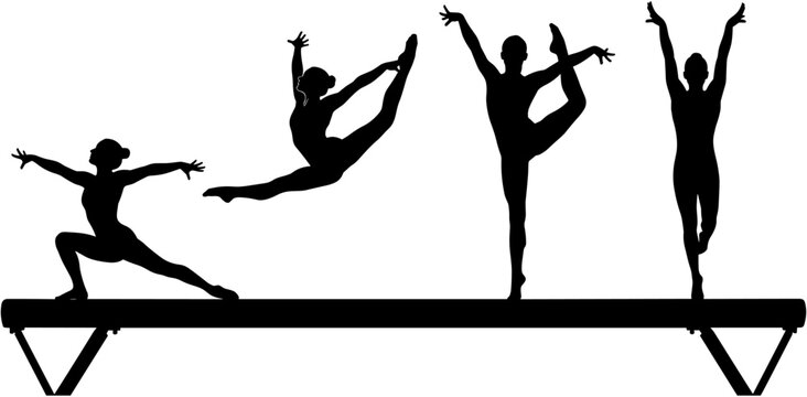 Black silhouette vector illustration of female gymnasts in various artistic poses on a balance beam, isolated on a white background.