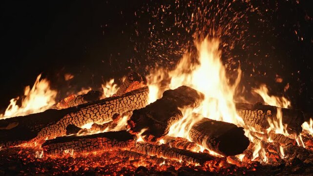 Bright bonfire with burning logs and glowing embers at night