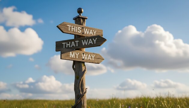 Weathered Wooden Signpost with Three Directions in Open Field