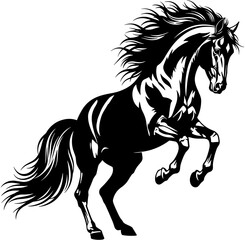 Obraz premium Powerful, dynamic, silhouette, illustration, of, a, wild, stallion, horse, rearing, up, with, flowing, mane, and, tail, for, equestrian, logo, design.