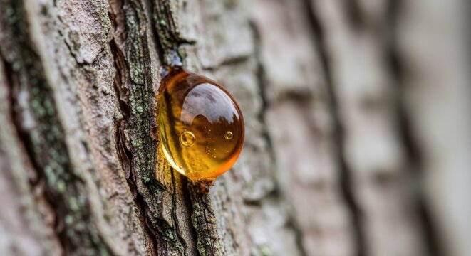 Amber Resin Droplet on Tree Bark.