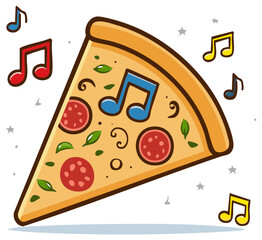 Cartoon slice of pizza with musical notes and pepperoni toppings