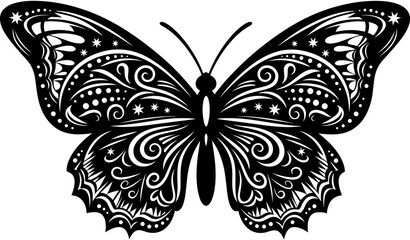 Fototapeta premium Intricate black and white butterfly silhouette illustration with decorative floral swirls and celestial star patterns isolated on a white background,