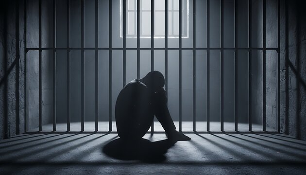 Trapped Silhouetted Figure Sitting in a Dungeon Cell