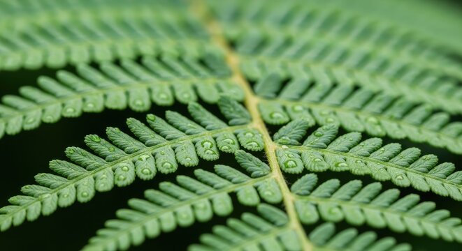 Close-up of a vibrant green fern leaf with water droplets.
