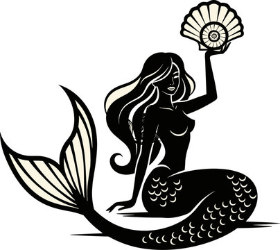 Elegant black vector silhouette of a mermaid sitting and holding a seashell with a pearl isolated on white background,