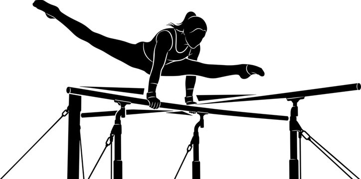 Black vector silhouette of a female gymnast performing a dynamic split jump on uneven bars isolated on a white background,