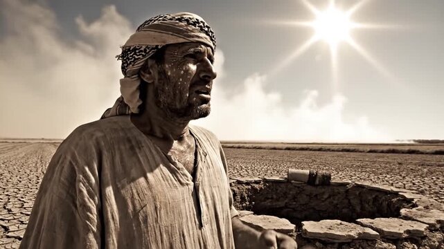 Man with keffiyeh at dry well in arid cracked land
