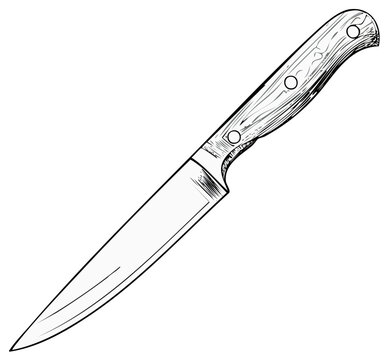 Detailed drawing of a kitchen knife with wooden handle, sharp blade, and cooking utensil.