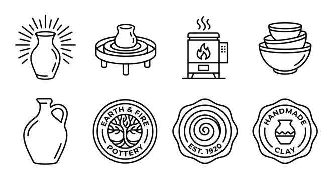 Pottery making emblems with vase, wheel and kiln, handmade clay.