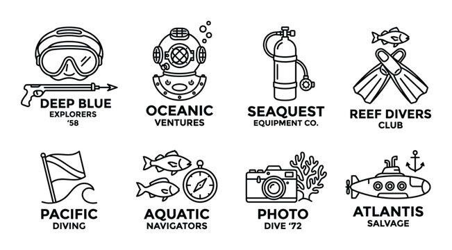 Scuba diving and ocean exploration logos for underwater adventures and aquatic activities.