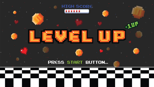 Pixel art game level up background.Video game level up background. Retro 8 bit video game interface with You Win text, computer game level up background.	
