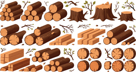 Wood logs and timber collection set tree trunks stumps and lumber materials vector illustration isolated design elements © MD SOJIB 