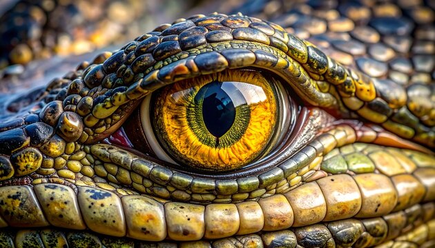 Macro shot capturing the vibrant, intense eye of a reptile, with intricate scale details and color variations
