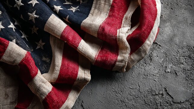 Frame of United States American flags arranged on rough concrete stone background with copy space patriotic banner design for national celebration independence theme backdrop
