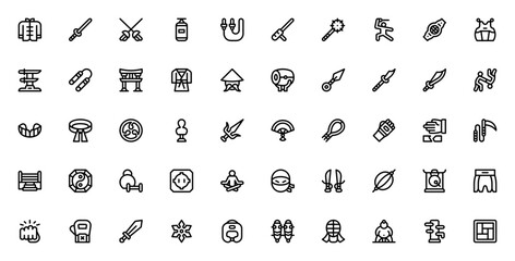Martial Arts icon set. Vector illustration pack. Includes symbols for Wushu, Karate, Judo, Sword, Katana, Ninja, Weapon, Gloves, Belt, Meditation and more. © wang