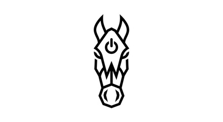 Abstract illustration of a horse head with power button graphic on white © ikk