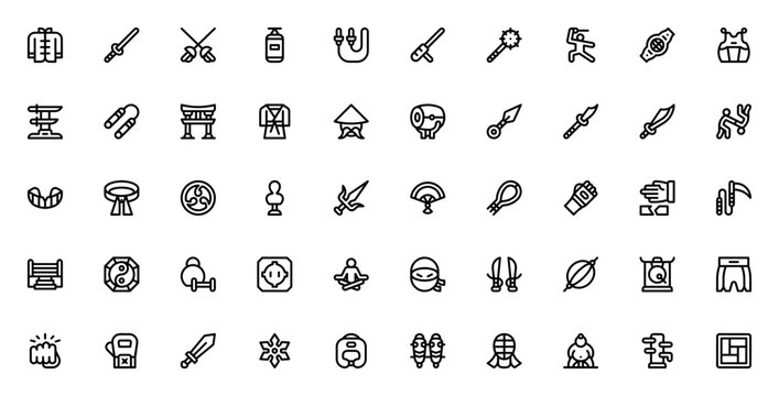 Martial Arts icon set. Vector illustration pack. Includes symbols for Wushu, Karate, Judo, Sword, Katana, Ninja, Weapon, Gloves, Belt, Meditation and more.