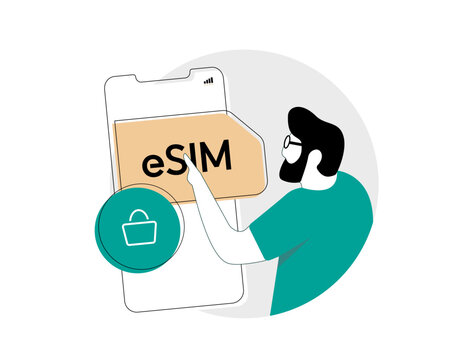 eSIM activation with mobile data and digital sim in smartphone interface. Connect e-sim device to network and use internet for travel and online communication in mobile technology vector illustration