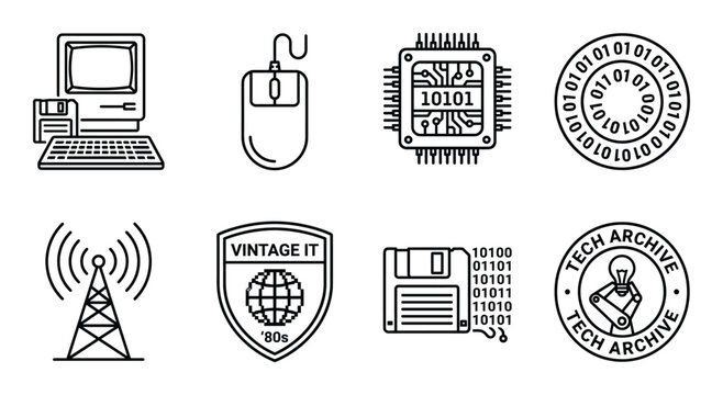 Vintage computer with floppy disk, mouse, processor, binary code, antenna, floppy, tech archive.