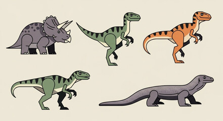 Collection of five different cartoon dinosaurs and prehistoric creatures. © Viva
