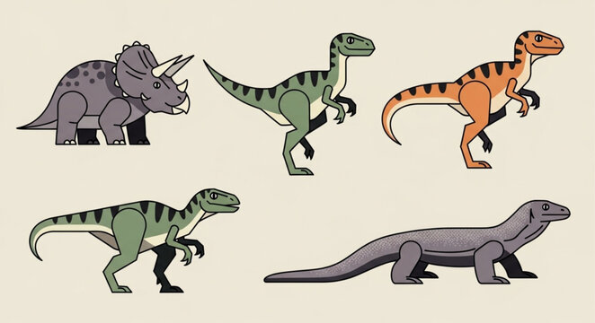 Collection of five different cartoon dinosaurs and prehistoric creatures.