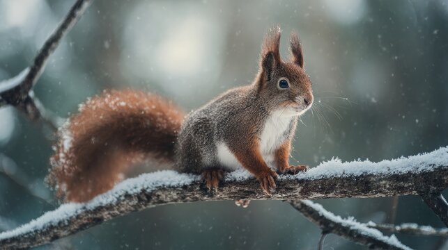 Wide shot of a small red squirrel perched on a snow-covered branch, subtle 35mm grain and soft natural winter lighting, emphasizing calm winter forest wildlife scene.