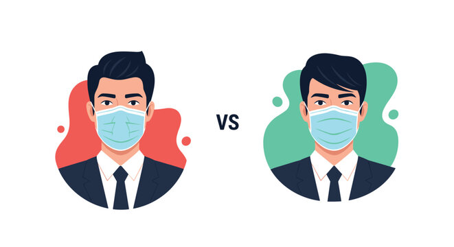 Comparison illustration of two professional men wearing different types of protective surgical and medical face masks.