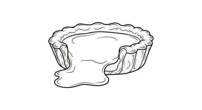A simple black and white line drawing of a tart with filling spilling over the edge