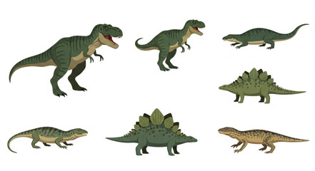 Collection of toy dinosaurs on a white background. © Viva