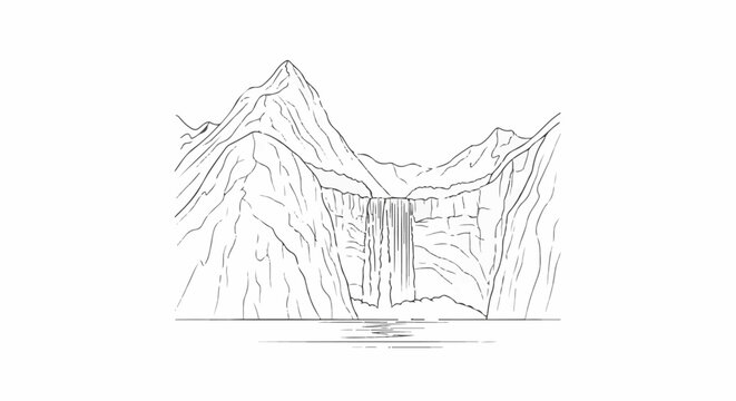 A simple line drawing depicts a grand waterfall cascading down steep mountainsides into a tranquil body of water