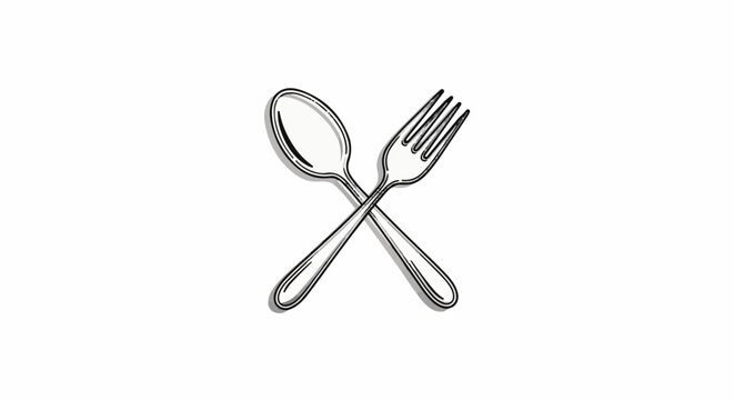 A simple line drawing of a spoon and fork crossed on a white background
