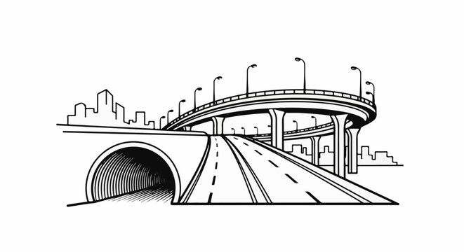 A sketch of a complex overpass and tunnel system against a city skyline