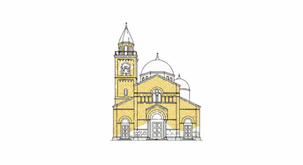 Obraz premium A sketch of a stone building with multiple domes and a tall bell tower