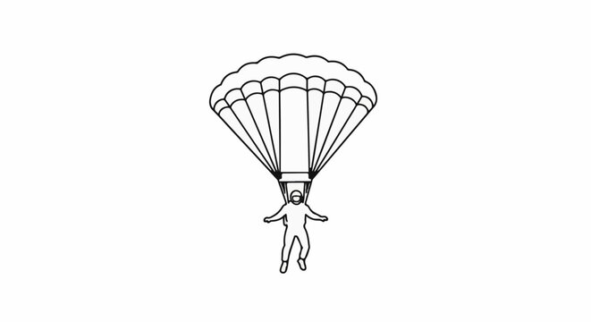 A simplified line drawing of a person in a suit and helmet descending with a parachute