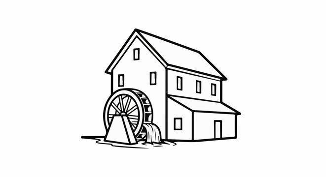 A simplified line drawing of a water-powered mill with a wheel and flowing water
