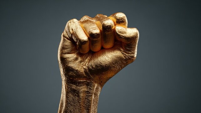 Golden clenched fist raised in a bold symbol of strength unity resistance empowerment and solidarity against a dark dramatic background conveying power determination and social justice concept
