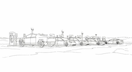 Fototapeta premium A sketch of futuristic electric cars at a charging station under a bright sky