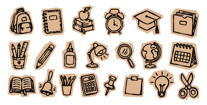 hand drawn back to school sticker set and education icons featuring cute doodle craft paper cut out elements for scrapbooking, journaling, planners, and creative student projects