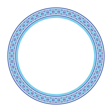 Blue Ethnic Asia national round frame. Ethnic Oriental ornament of the nomadic peoples of Asia, Kazakh, Kyrgyz, Mongol, Turkmen. For sandblasting, ceramic, plate, embroidery