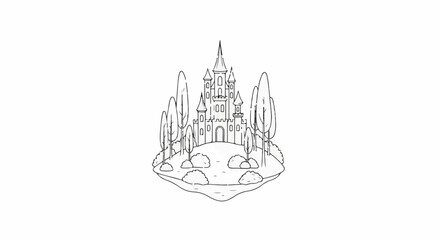 Obraz premium A whimsical castle on a green island surrounded by trees
