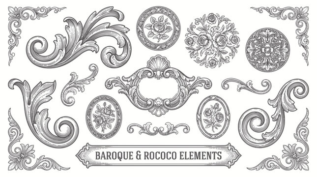 Set of vintage baroque and rococo decorative elements featuring floral scrolls and ornate frames, concept for antique invitation, luxury packaging and elegant logo design