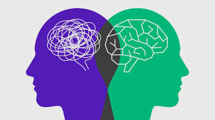 Obraz premium Abstract human head silhouettes featuring chaotic tangled wires versus structured geometric brain, concept for mental health therapy, professional coaching and cognitive performance training