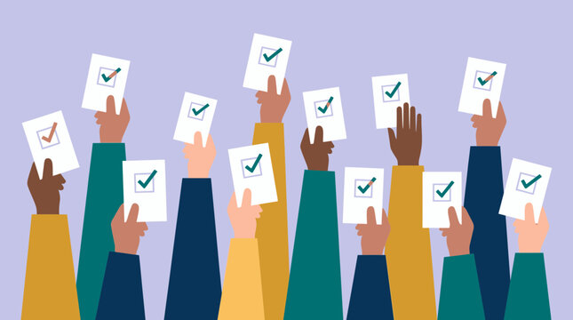 Diverse office managers and employees hands holding white ballots with green checkmarks on purple backdrop, concept for democratic election, corporate decision and human resources survey