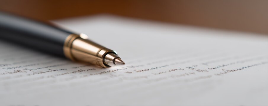 Pen Handwriting Branding concept. Close-up of a pen resting on handwritten notes on lined paper.