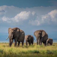 Fototapeta premium Majestic Elephant Herd Walking Across African Savanna Grassland Under Blue Sky, Powerful Wildlife Safari Scene