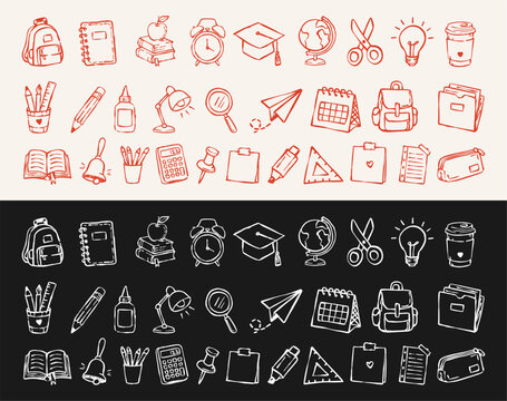 hand drawn red and white doodle school supplies icon set for back to school projects journaling and creative student educational designs